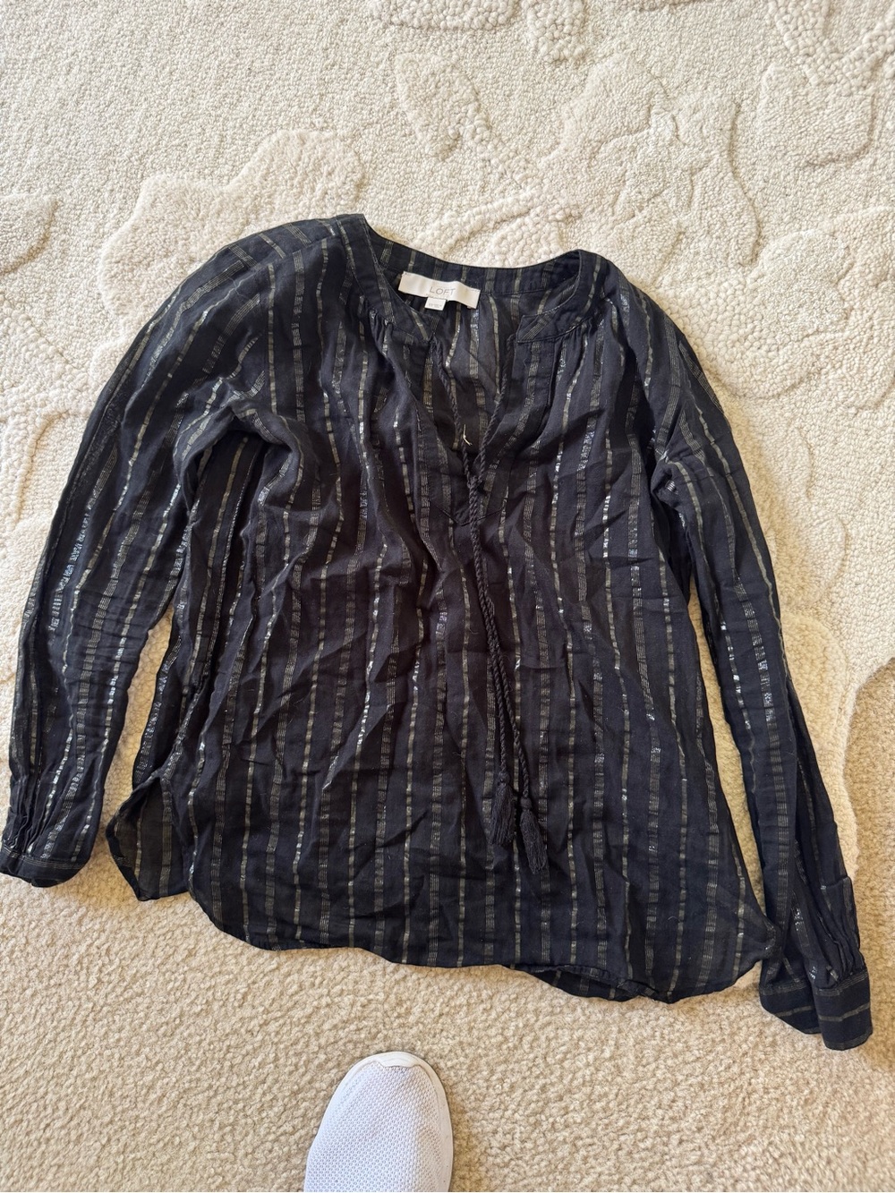 LOFT Lightweight Black Metallic-Striped Long-Sleeve Top